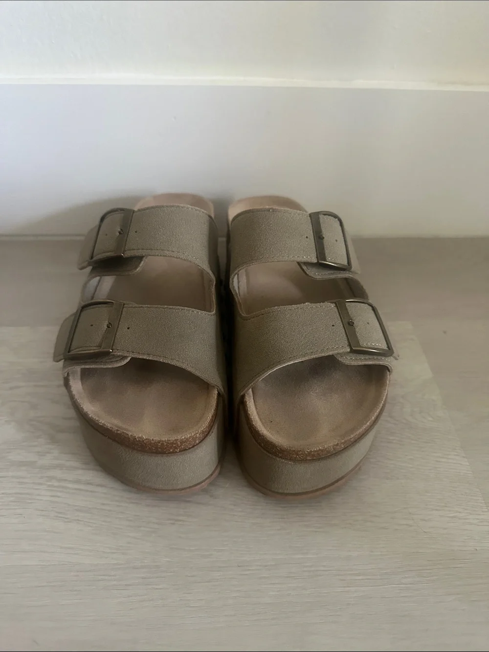 Woman Double Buckle Slide Sandals in Taupe